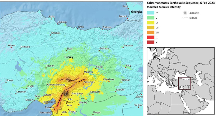 The Kahramanmaras Earthquake Sequence of 6 February 2023, Modified Mercalli Shaking Intensity