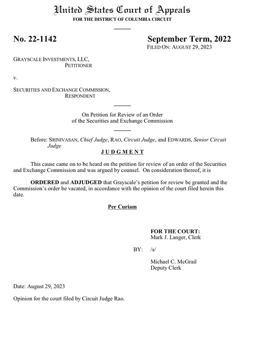 US Court handed Grayscale a win against the SEC in the lawsuit over spot Bitcoin ETF
