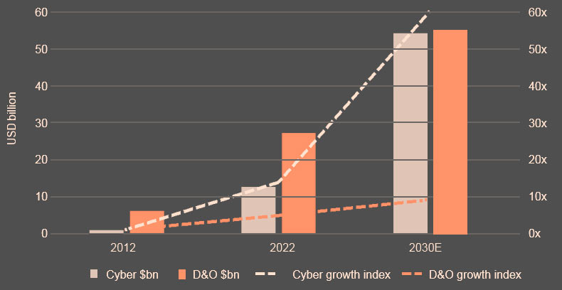 Market size projections by 2030 – cyber vs D&O