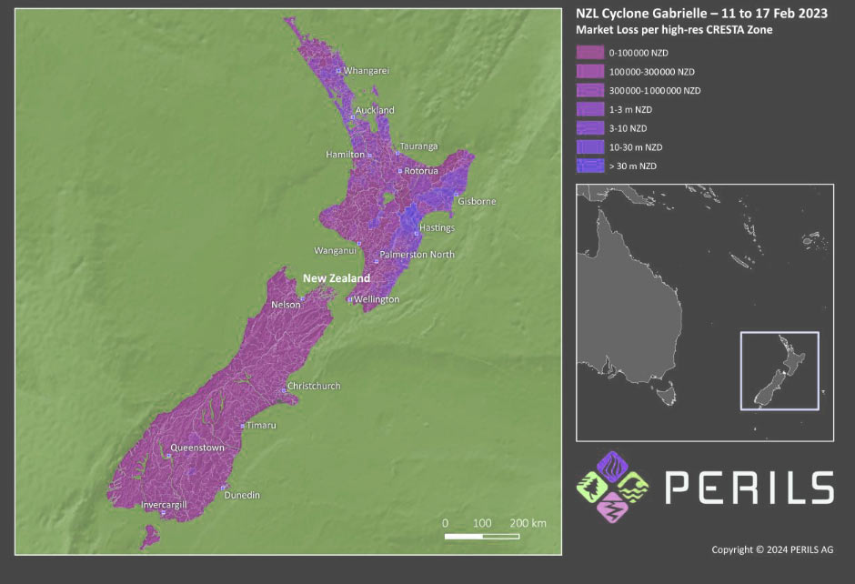 Industry loss footprint of Cyclone Gabrielle, 11–17 February 2023: Cyclone Gabrielle brought strong winds and heavy rain to New Zealand’s North Island between 11-17 February 2023