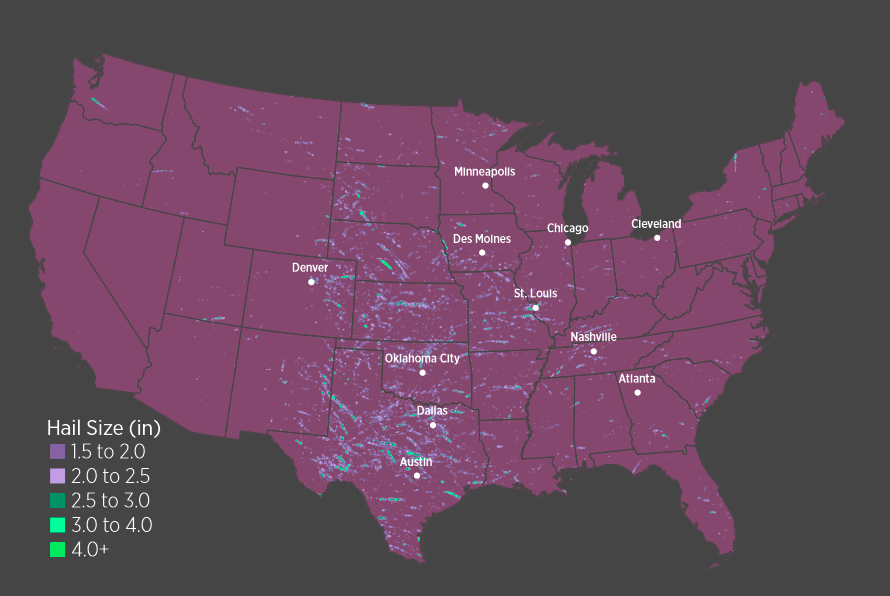 Map of H1 hail swaths of at least 1.5 inches