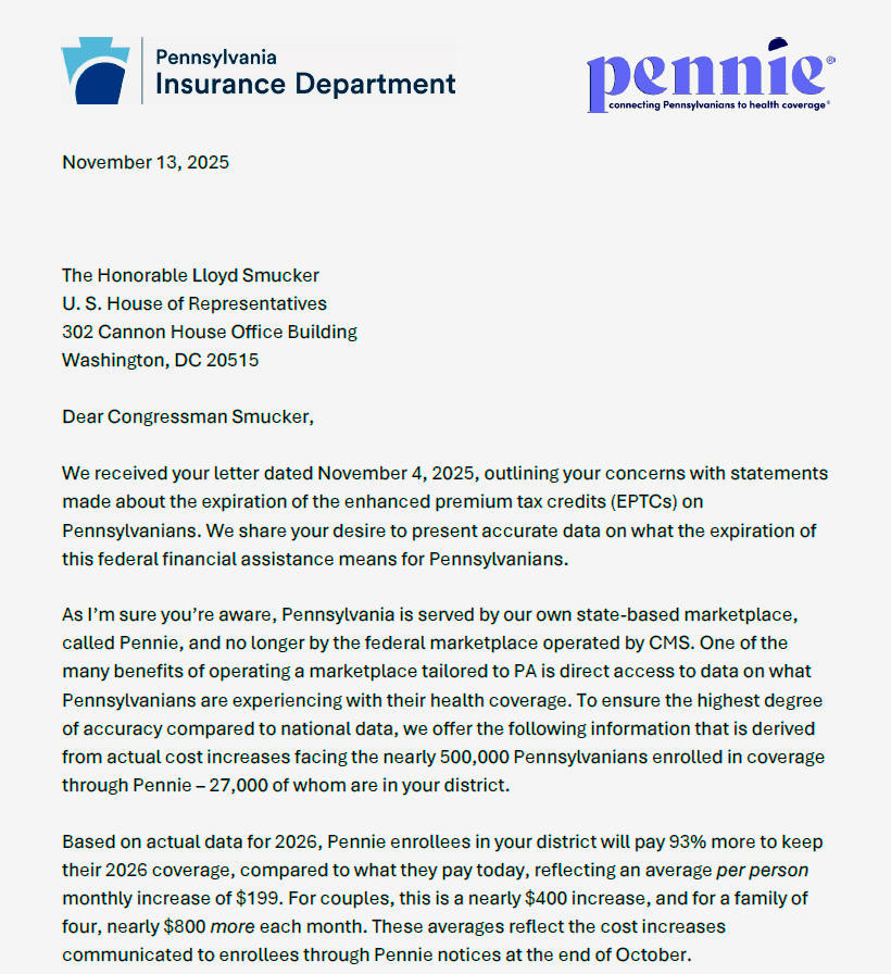 Pennsylvania Insurance Department pushes back on Smucker’s ACA claims with district data