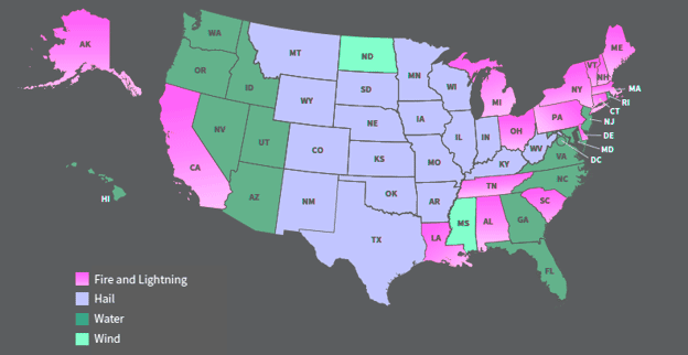 Highest loss cost peril in each state