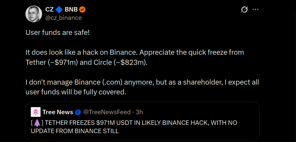 "It does look like a hack on Binance," Zhao wrote on X. He also indicated that he expected customer losses to be fully covered.